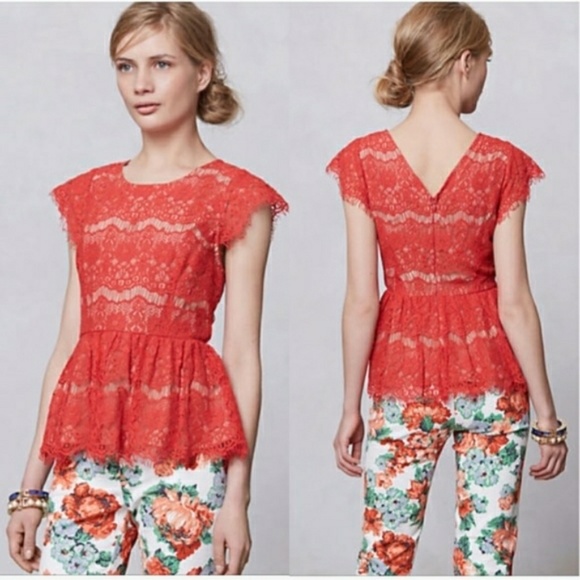 Anthropologie Tops - Anthropologie Maeve Coral Lace Peplum Top